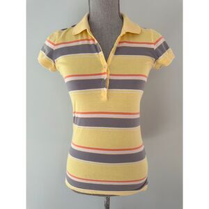 Vintage Y2k Aeropostale Yellow Gray Orange Striped Collared Polo Shirt Small